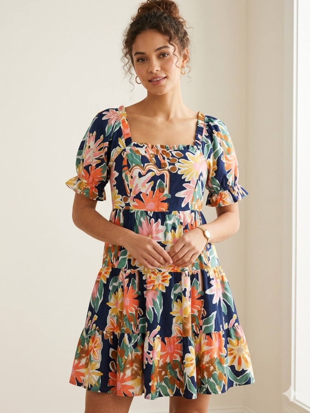 JODIFL Navy Floral Square-Neck Tiered Mini Dress